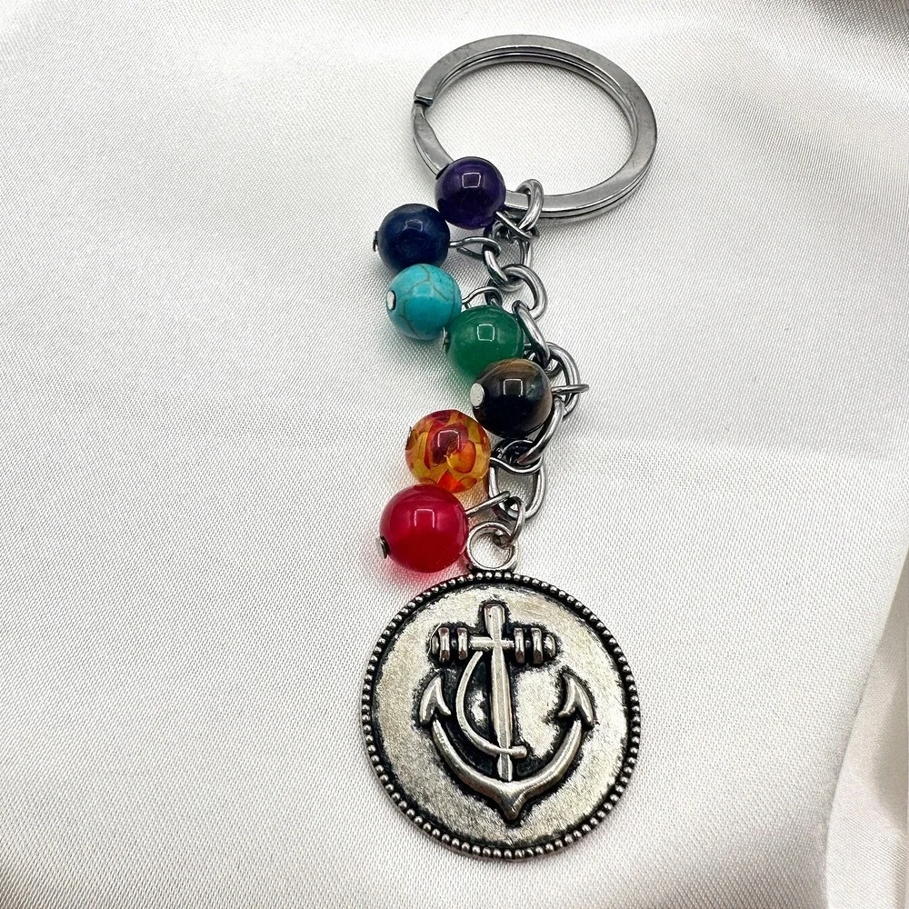 Vintage 80s 7 Chakra Healing Stone Keychain Yoga Reiki Anchor Charm Gift Jewelry
